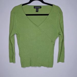 CABLE & GAUGE • Green Ribbed Silk Top Blouse Sz L